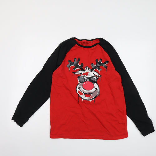 NEXT Boys Red Cotton Basic T-Shirt Size 14 Years Round Neck Pullover - Reindeer Christmas