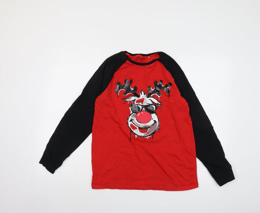 NEXT Boys Red Cotton Basic T-Shirt Size 14 Years Round Neck Pullover - Reindeer Christmas