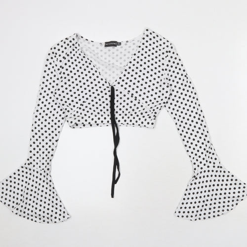 PRETTYLITTLETHING Womens White Polka Dot Polyester Cropped Blouse Size 8 V-Neck - Flared Sleeve