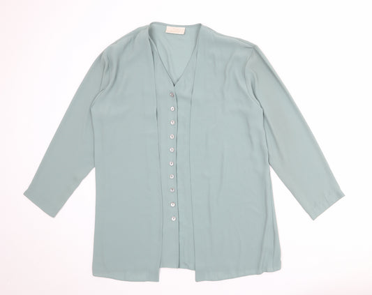 Ann Harvey Womens Green Polyester Basic Button-Up Size 16 V-Neck