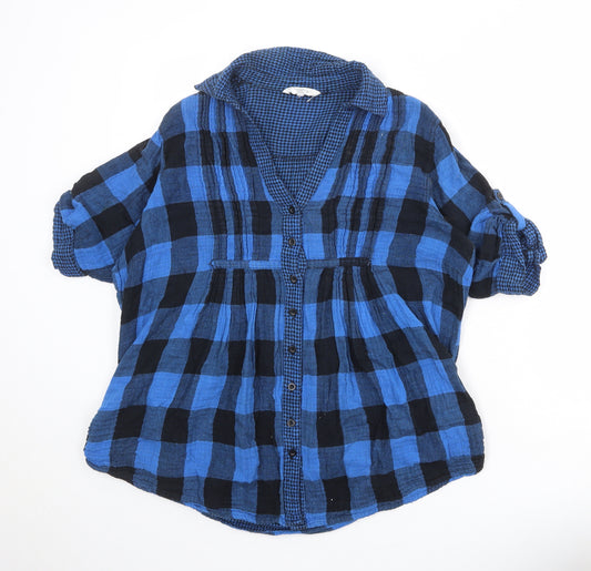 New Look Womens Blue Plaid 100% Cotton Basic Button-Up Size 18 Collared