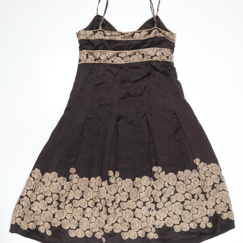 Ted Baker Womens Brown Floral Silk Slip Dress Size L V-Neck Zip