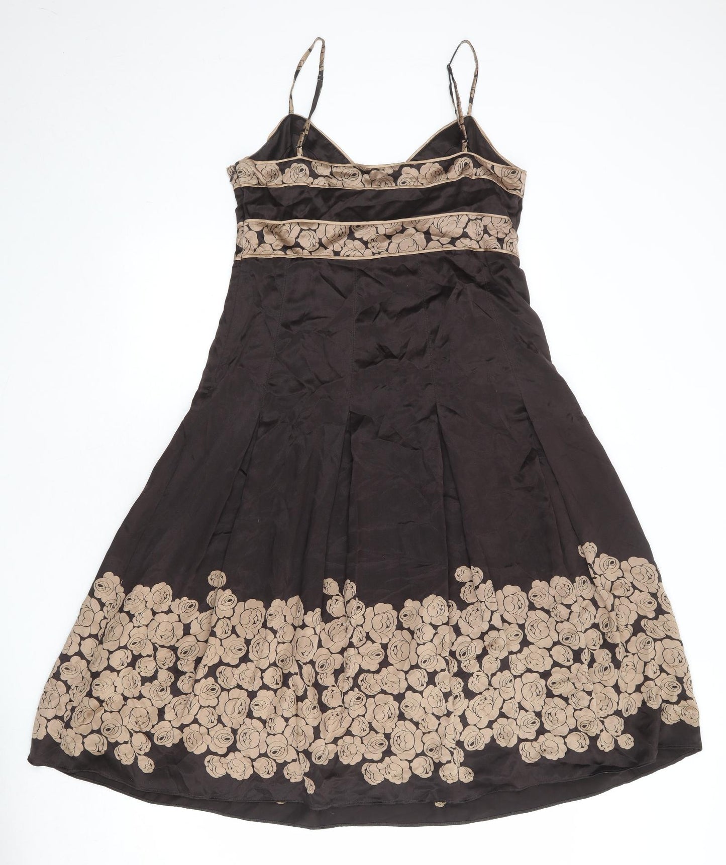 Ted Baker Womens Brown Floral Silk Slip Dress Size L V-Neck Zip