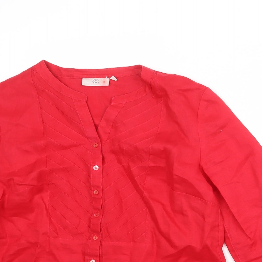 CC Womens Red Ramie Basic Button-Up Size 12 V-Neck