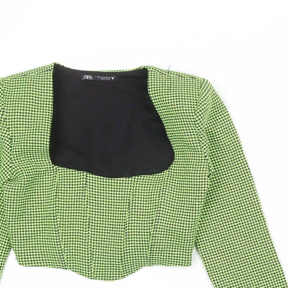 Zara Womens Green Geometric Polyester Cropped Tank Size S Square Neck