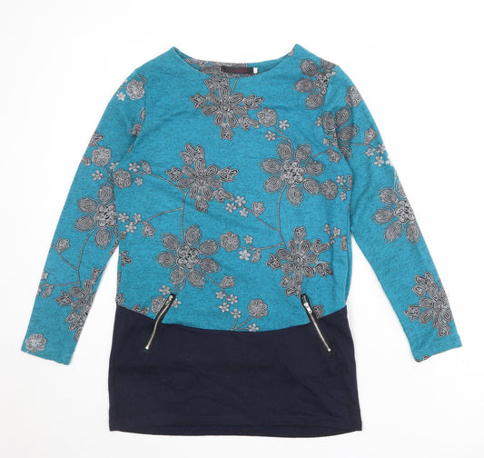 Tenki Womens Blue Floral Cotton Basic Blouse Size S Round Neck