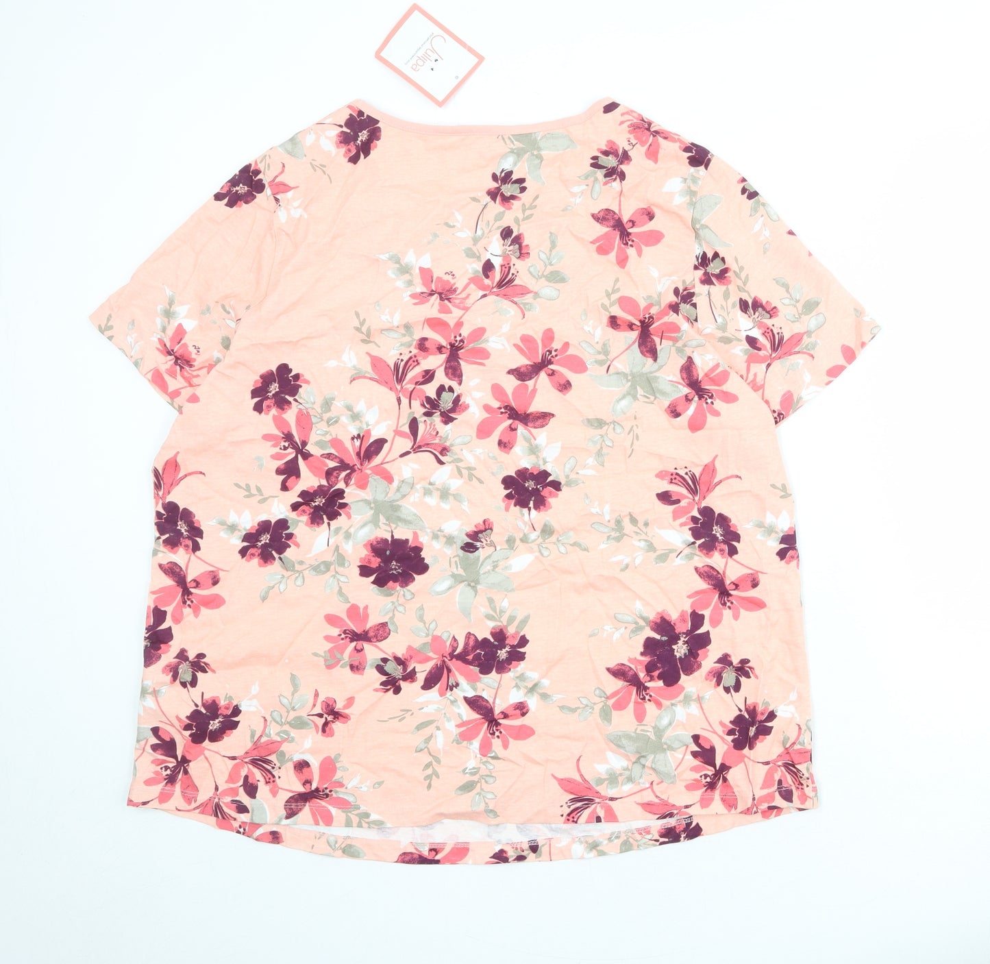 Julipa Womens Pink Floral 100% Cotton Basic T-Shirt Size 22 Scoop Neck