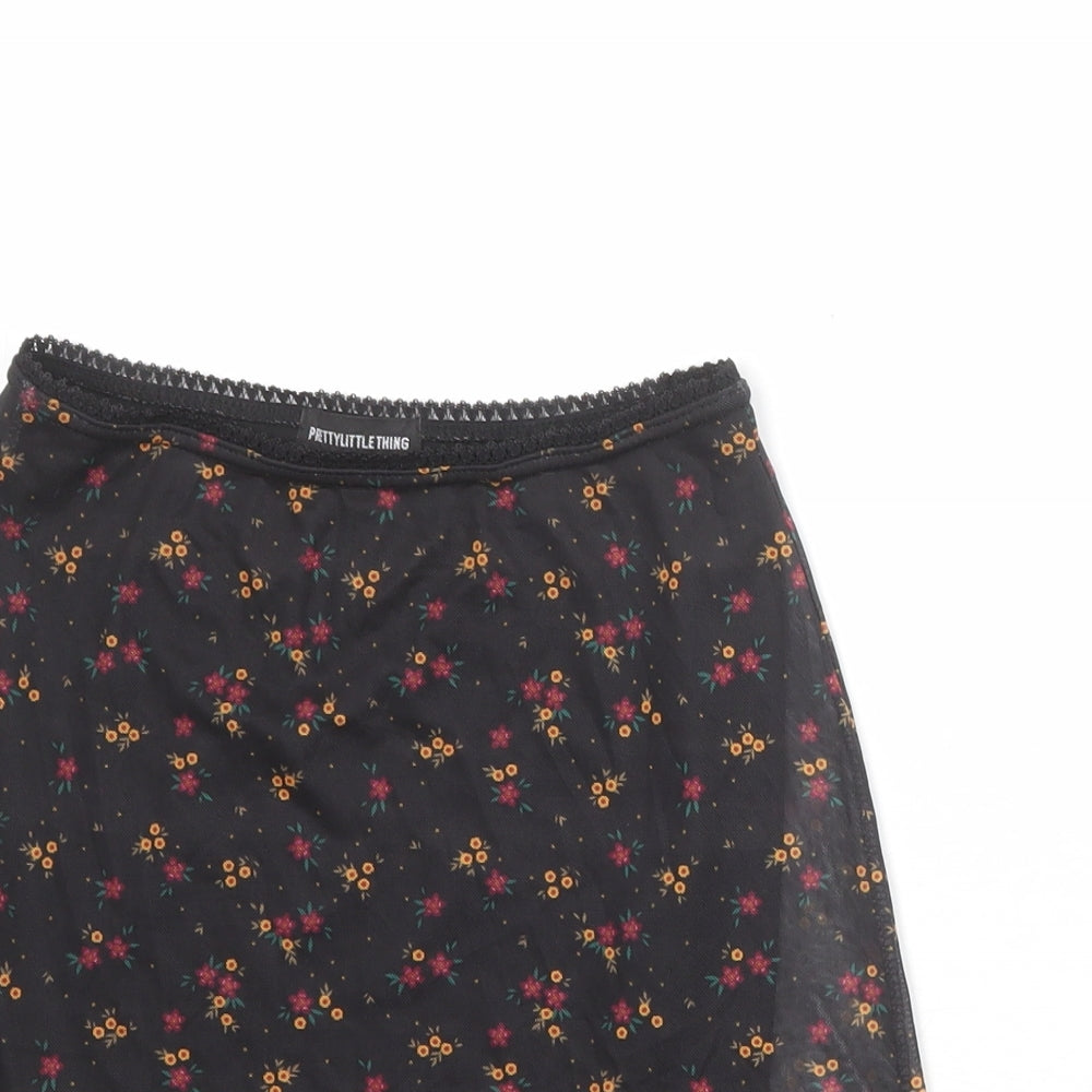 PRETTYLITTLETHING Womens Black Floral Polyester A-Line Skirt Size 8