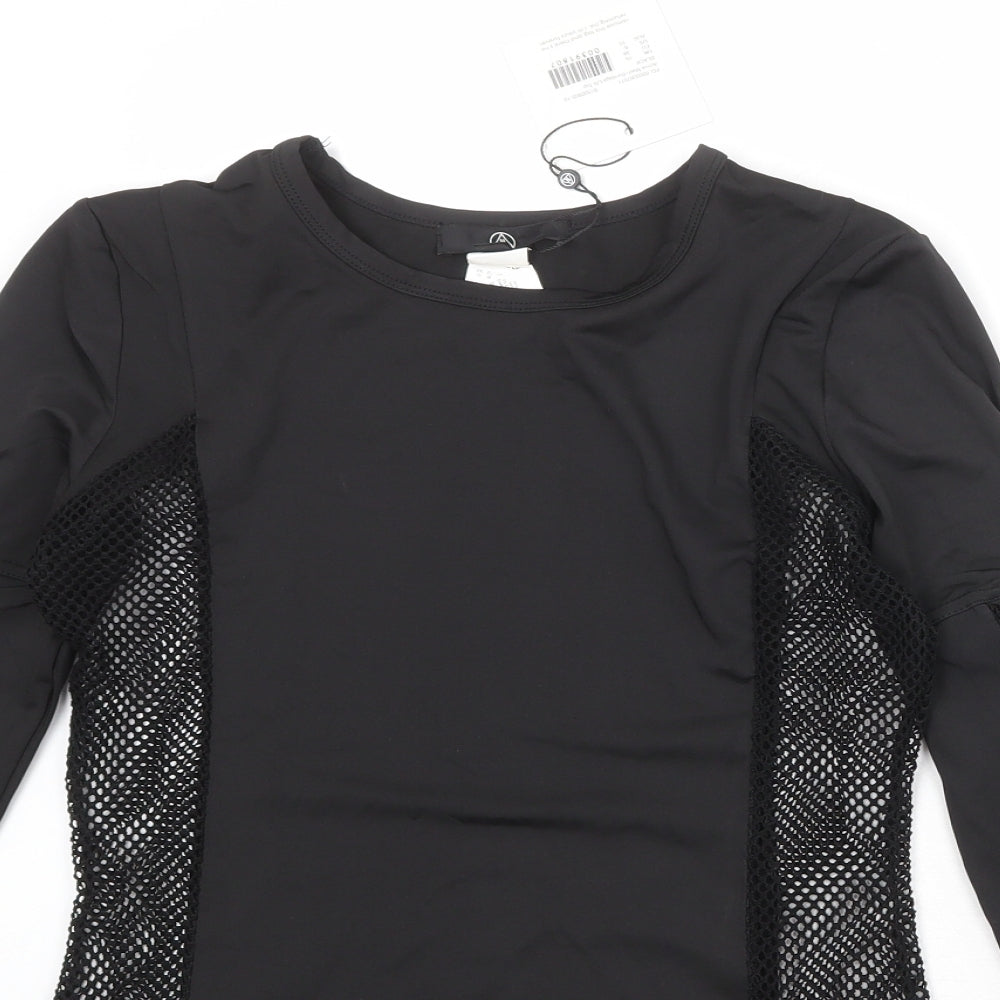 Missguided Womens Black Nylon Basic T-Shirt Size 10 Boat Neck - Fishnet Details Cut Out Sleeves