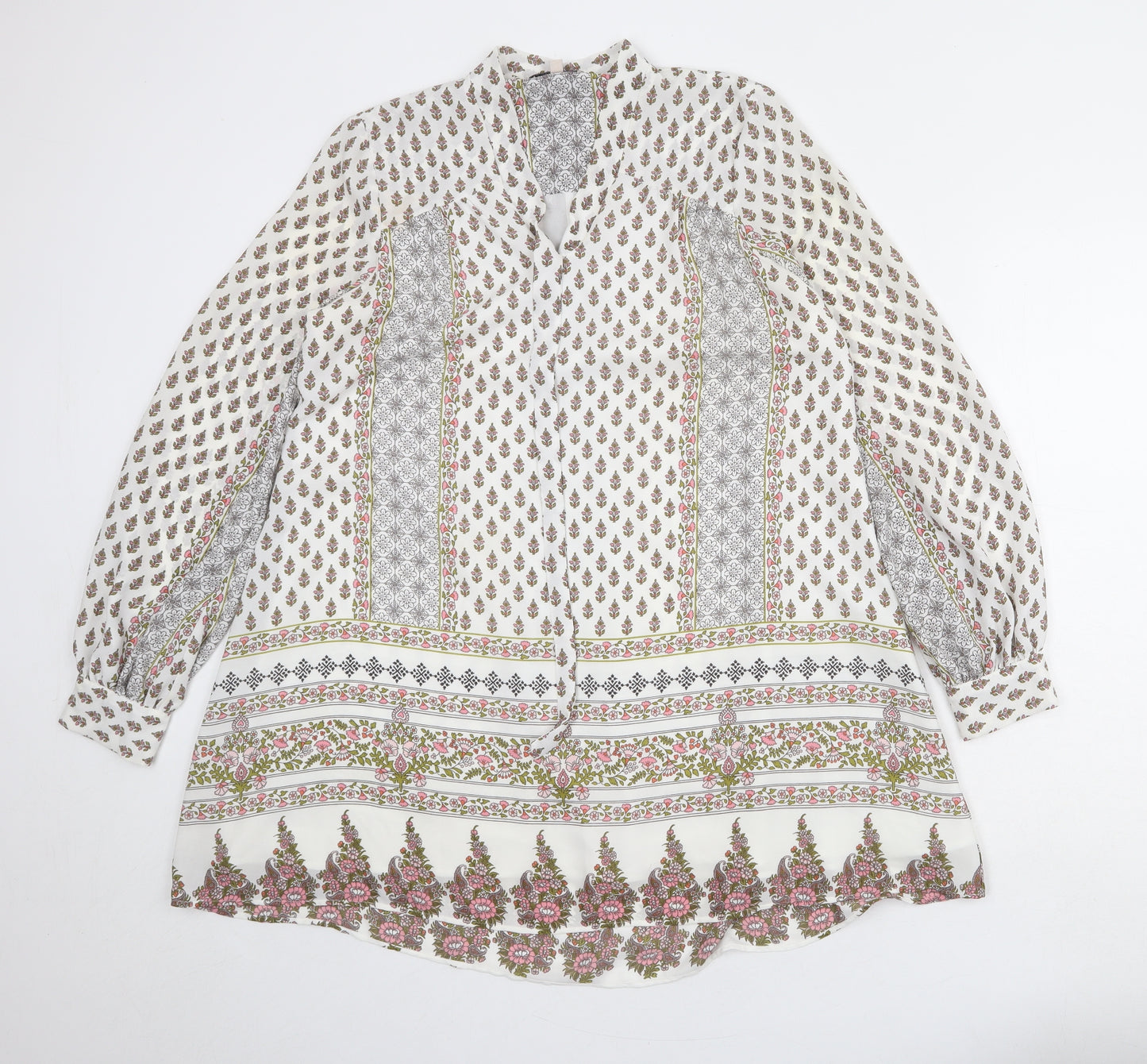 Marks and Spencer Womens White Geometric Polyester Kaftan Size 8 V-Neck Pullover