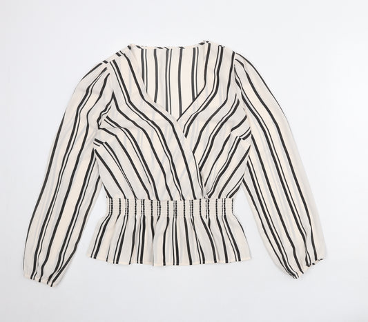Oasis Womens Ivory Striped Polyester Basic Blouse Size 8 V-Neck - Peplum