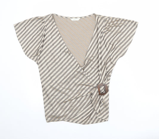 Marks and Spencer Womens Beige Striped Acetate Wrap Blouse Size 14 V-Neck