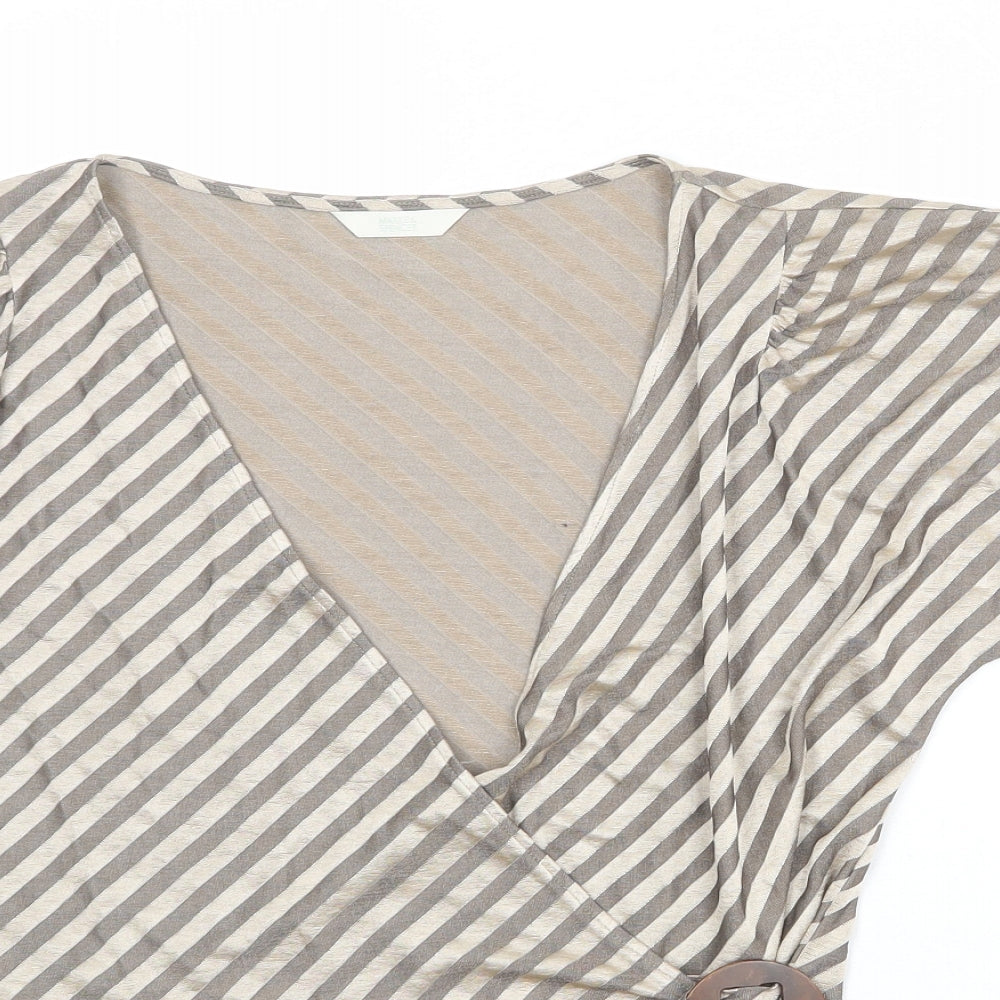 Marks and Spencer Womens Beige Striped Acetate Wrap Blouse Size 14 V-Neck
