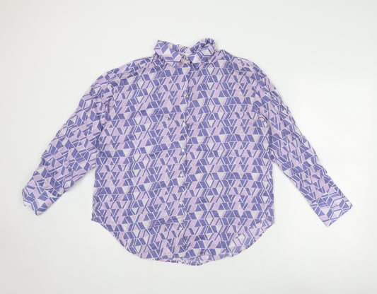 Mango Womens Purple Geometric Cotton Basic Button-Up Size S Collared