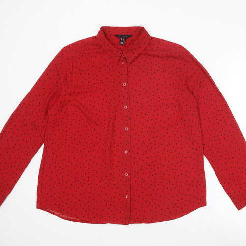 New Look Womens Red Polka Dot Polyester Basic Button-Up Size 16 Collared