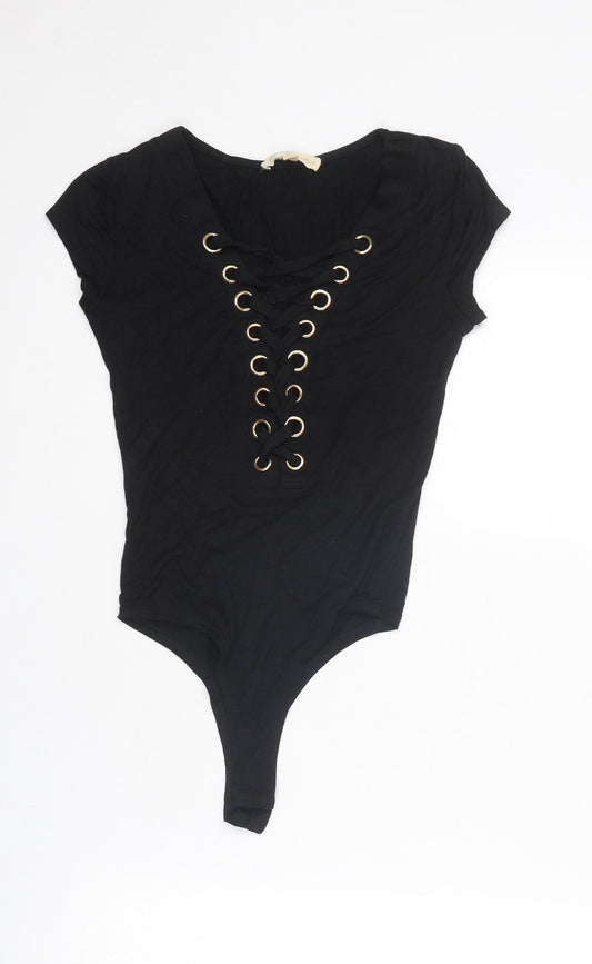 Hot & Delicious Womens Black Viscose Bodysuit One-Piece Size S Drawstring