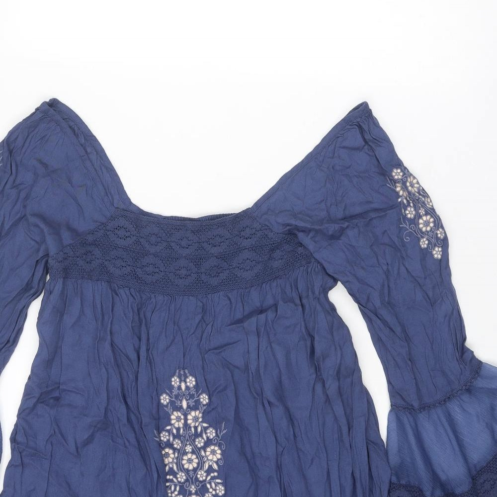 Miss Selfridge Womens Blue Viscose Fit & Flare Size 12 Off the Shoulder Pullover - Flower detail