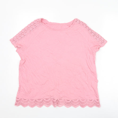 Marks and Spencer Womens Pink Cotton Basic T-Shirt Size 14 Round Neck - Lace Detail
