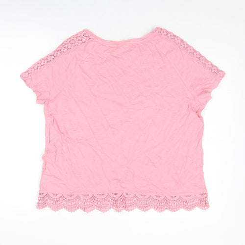Marks and Spencer Womens Pink Cotton Basic T-Shirt Size 14 Round Neck - Lace Detail
