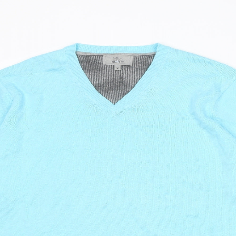 Marks and Spencer Mens Blue V-Neck Cotton Pullover Jumper Size M Long Sleeve