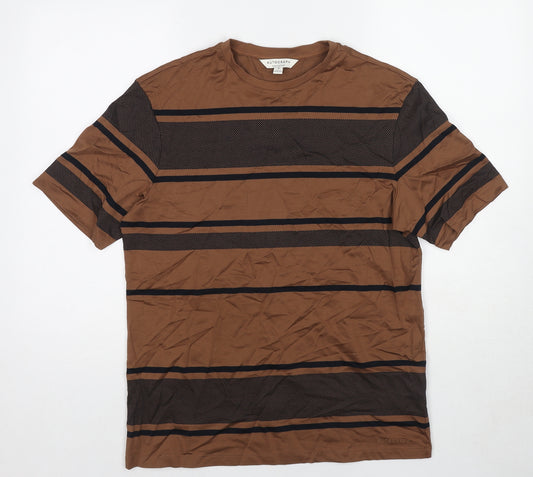 Autograph Mens Brown Striped Cotton T-Shirt Size M Round Neck