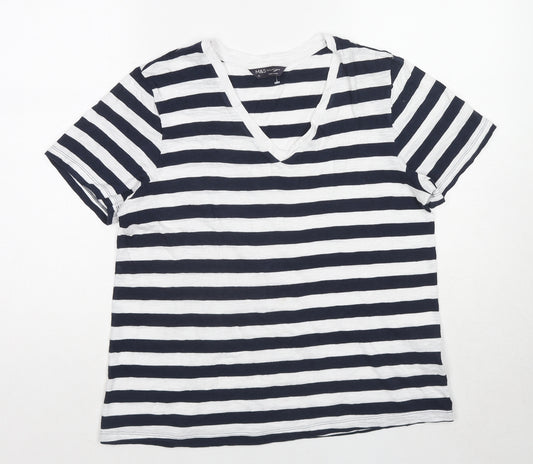 Marks and Spencer Womens Blue Striped Cotton Basic T-Shirt Size 12 V-Neck