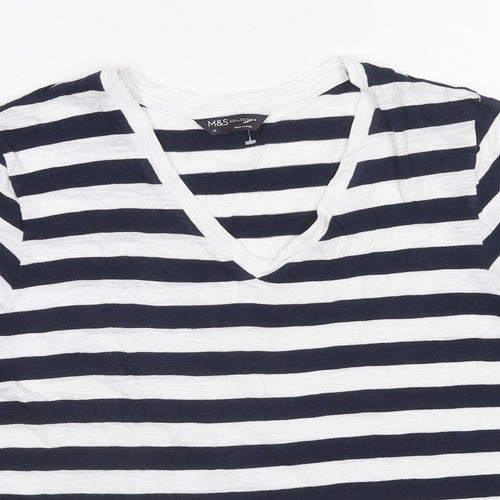 Marks and Spencer Womens Blue Striped Cotton Basic T-Shirt Size 12 V-Neck