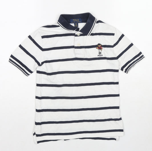 Ralph Lauren Boys White Striped Cotton Basic Polo Size 8 Years Collared Pullover