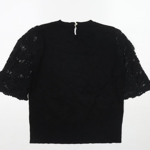 Oasis Womens Black Cotton Basic Blouse Size M Round Neck - Lace Sleeves