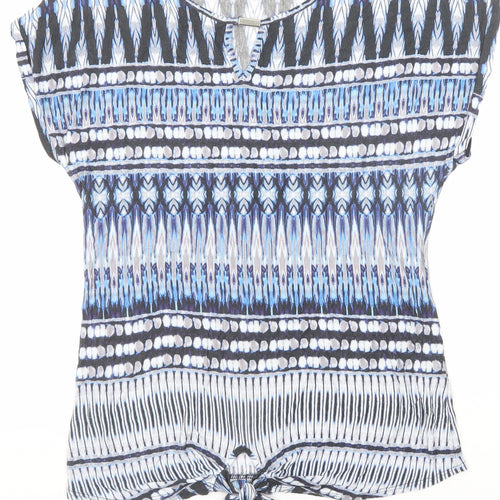 Wallis Womens Blue Geometric Viscose Basic T-Shirt Size M Boat Neck - Tie Front