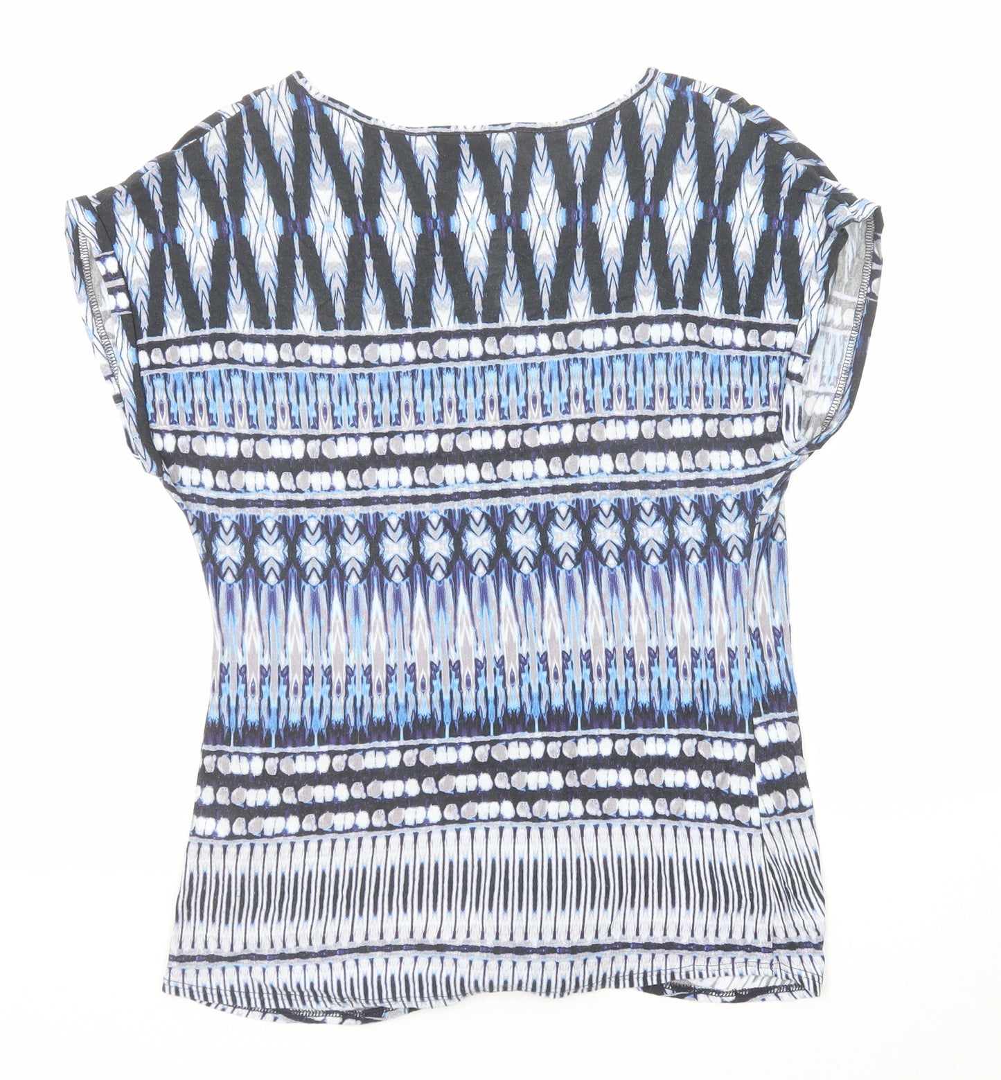 Wallis Womens Blue Geometric Viscose Basic T-Shirt Size M Boat Neck - Tie Front