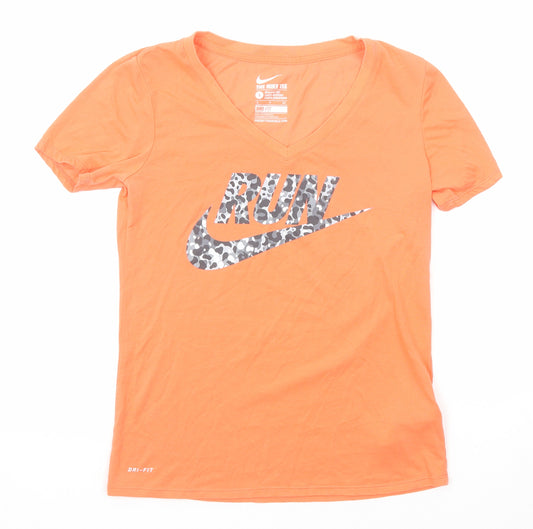Nike Womens Orange Cotton Basic T-Shirt Size S V-Neck - Run