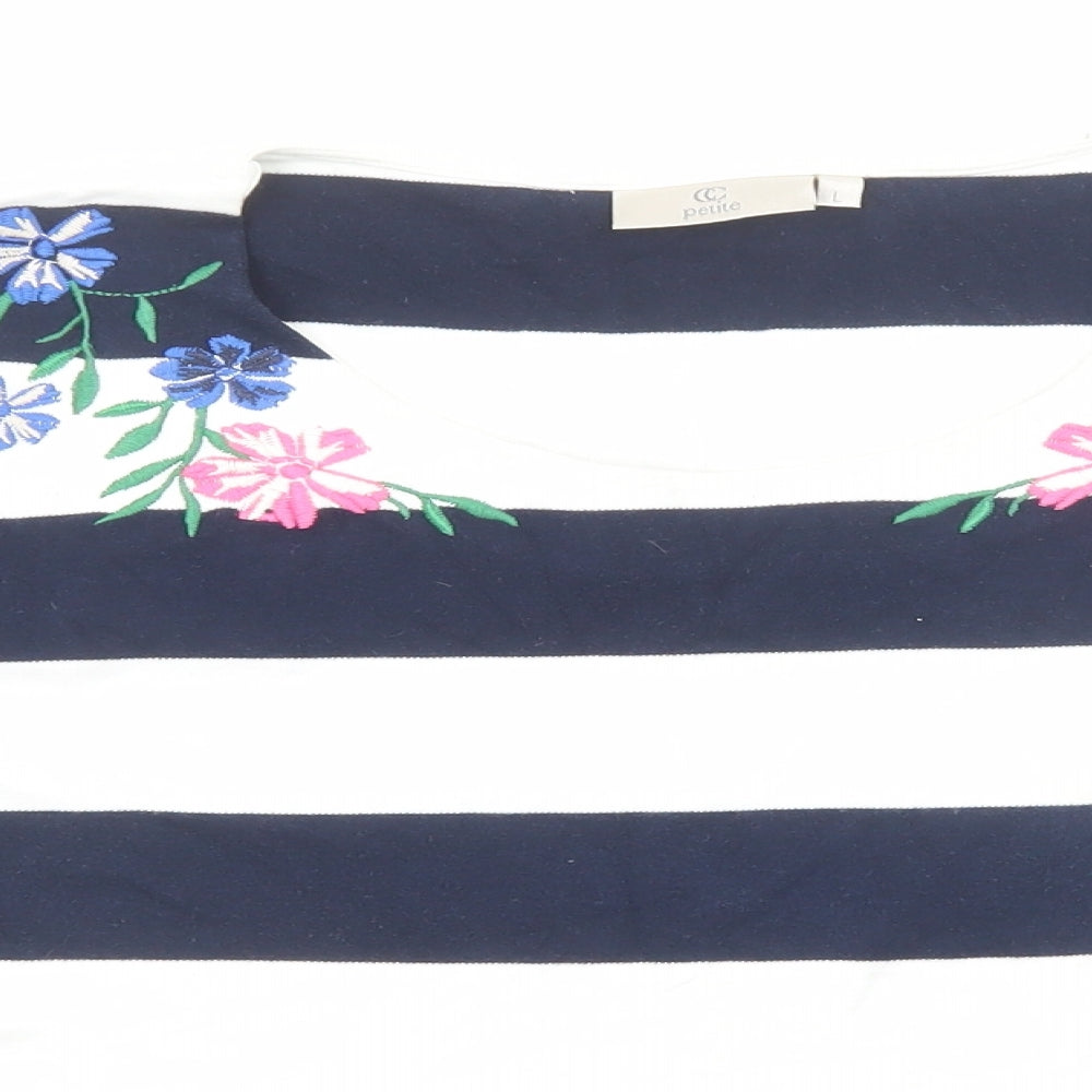 CC Womens Blue Striped Cotton Basic Blouse Size L Scoop Neck - Flower Detail
