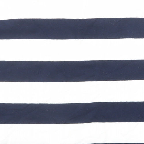CC Womens Blue Striped Cotton Basic Blouse Size L Scoop Neck - Flower Detail