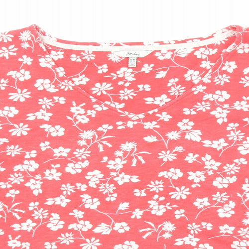 Joules Womens Red Floral Cotton Basic T-Shirt Size 18 V-Neck