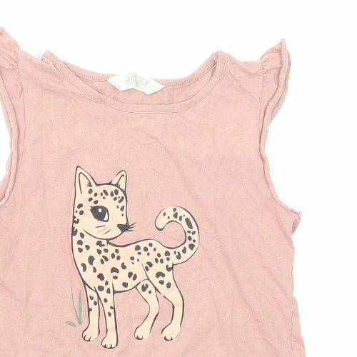 H&M Girls Pink Cotton Basic Tank Size 8 Years Round Neck Pullover - Size 8-10 Years, Cat Print