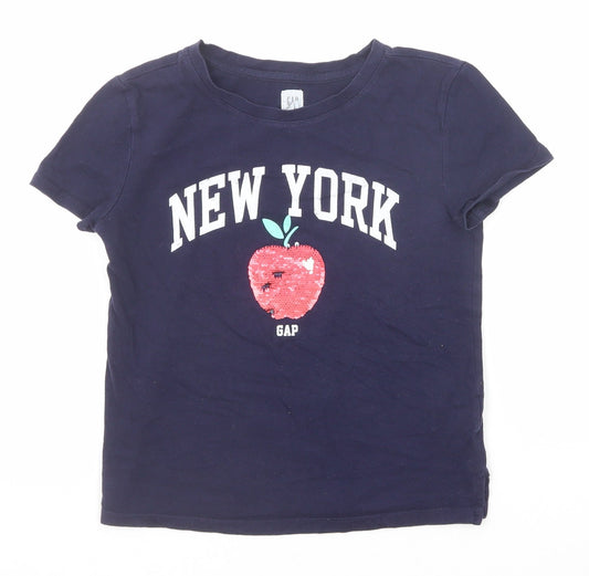 Gap Girls Blue Cotton Basic T-Shirt Size M Round Neck Pullover - New York