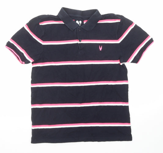 Very Boys Black Striped Cotton Basic Polo Size 13 Years Collared Button