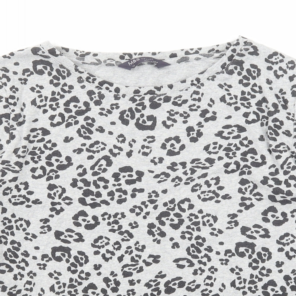 Marks and Spencer Womens Grey Animal Print Cotton Basic T-Shirt Size 12 Boat Neck - Leopard Print