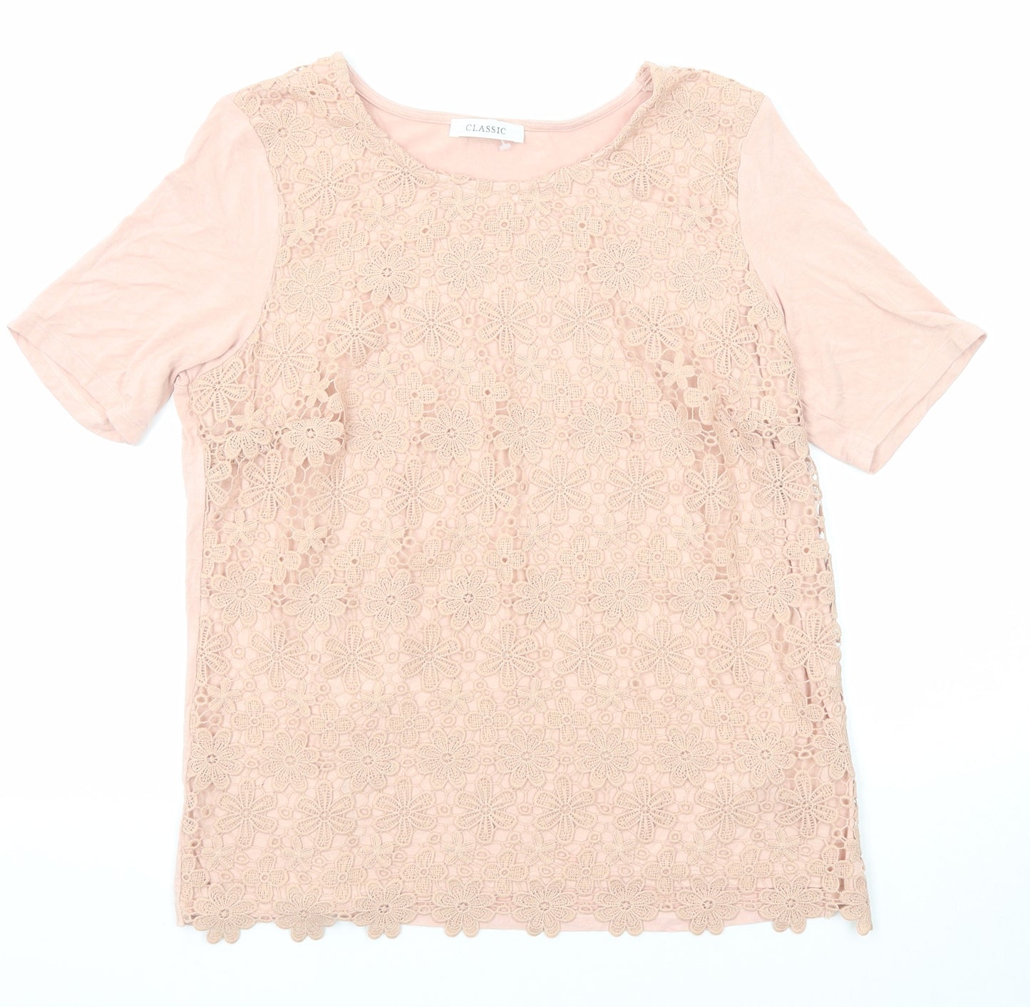 Marks and Spencer Womens Pink Polyester Basic Blouse Size 12 Boat Neck - Crocheted Lace Front