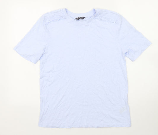 Marks and Spencer Womens Blue Cotton Basic T-Shirt Size 10 Crew Neck - Broderie Anglaise Details