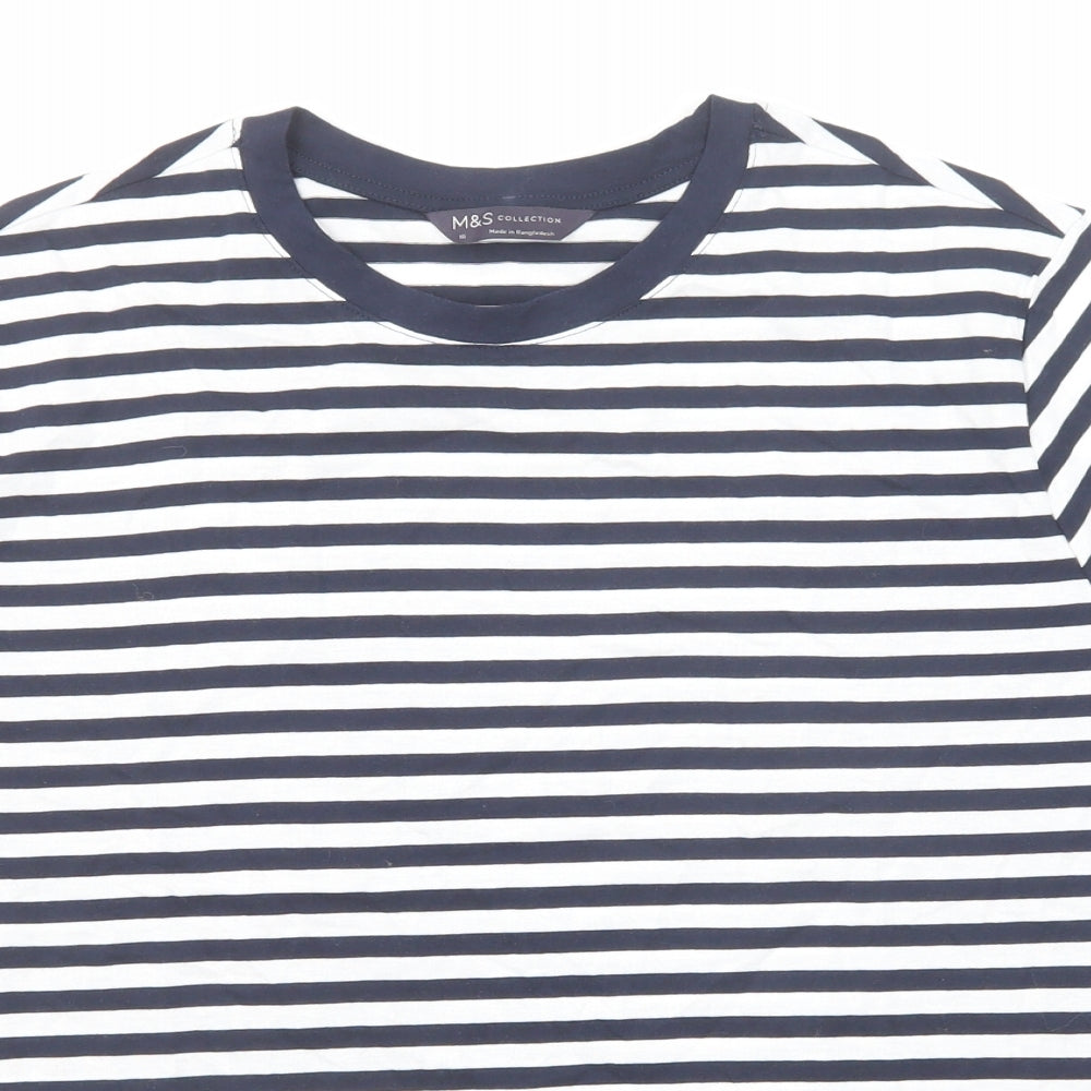 Marks and Spencer Womens Blue Striped Cotton Basic T-Shirt Size 16 Crew Neck