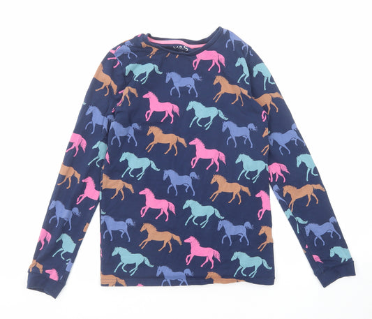 Marks and Spencer Girls Blue Geometric Cotton Basic T-Shirt Size 11-12 Years Round Neck Pullover - Horses Print