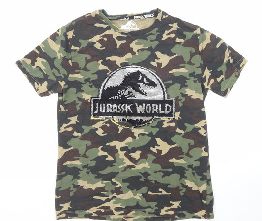 NEXT Boys Green Camouflage Cotton Basic T-Shirt Size 12 Years Round Neck Pullover - Jurassic World