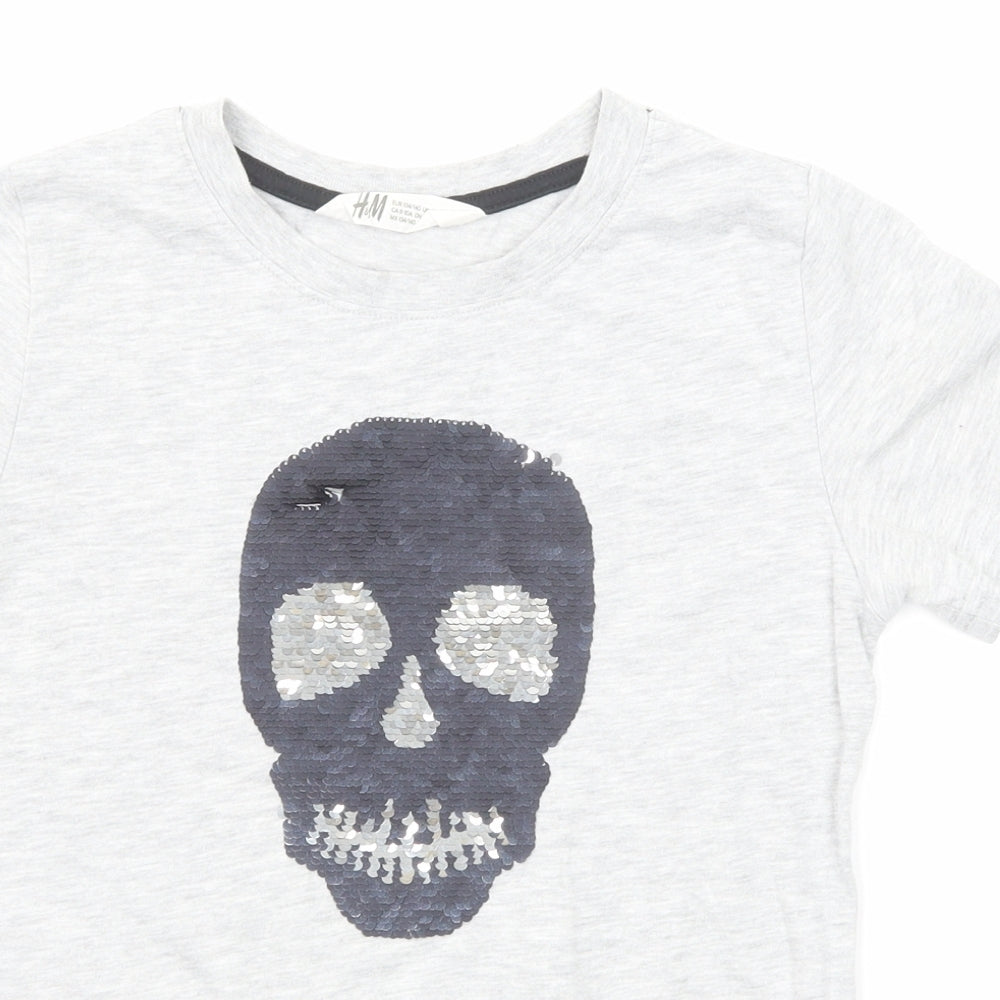 H&M Boys Grey Polyester Basic T-Shirt Size 9-10 Years Round Neck Pullover - Skull