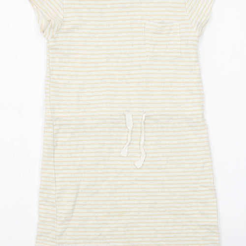 John Lewis Girls Beige Striped Cotton T-Shirt Dress Size 10 Years Boat Neck Button