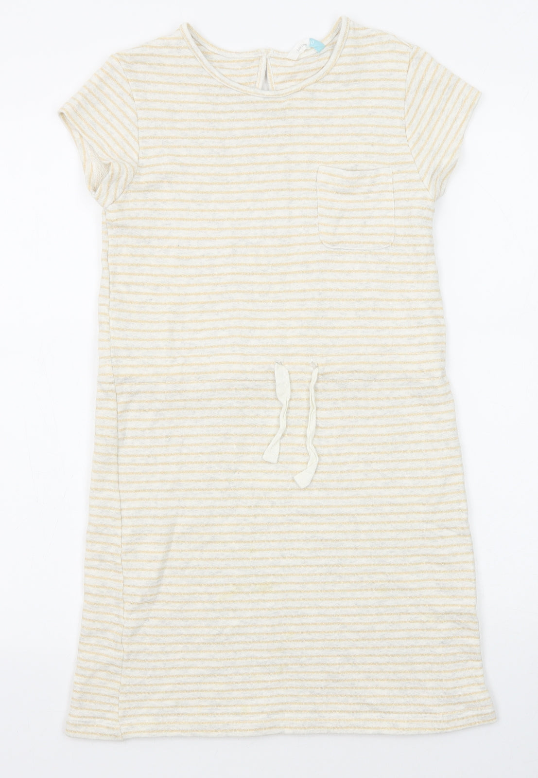 John Lewis Girls Beige Striped Cotton T-Shirt Dress Size 10 Years Boat Neck Button