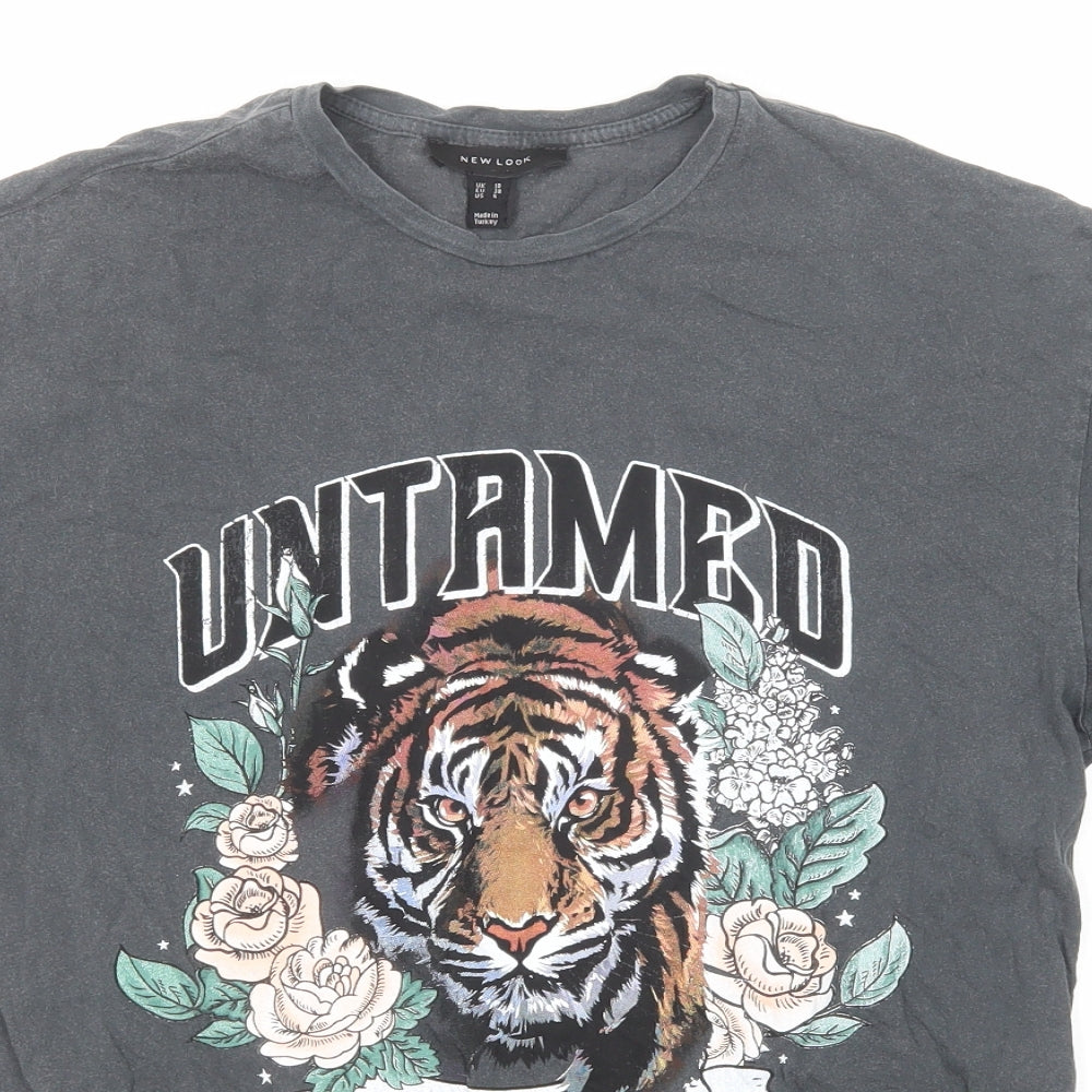 New Look Womens Grey Cotton Basic T-Shirt Size 10 Crew Neck - Tiger