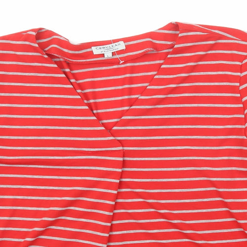Cerulean Womens Red Striped Polyester Basic T-Shirt Size L V-Neck