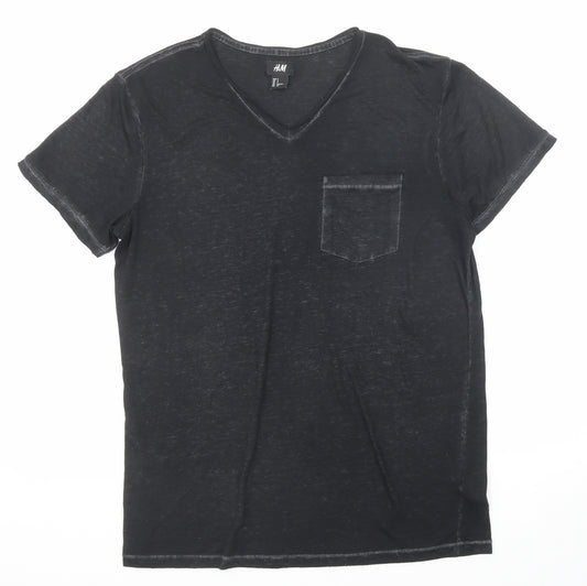 H&M Mens Black Polyester T-Shirt Size S V-Neck